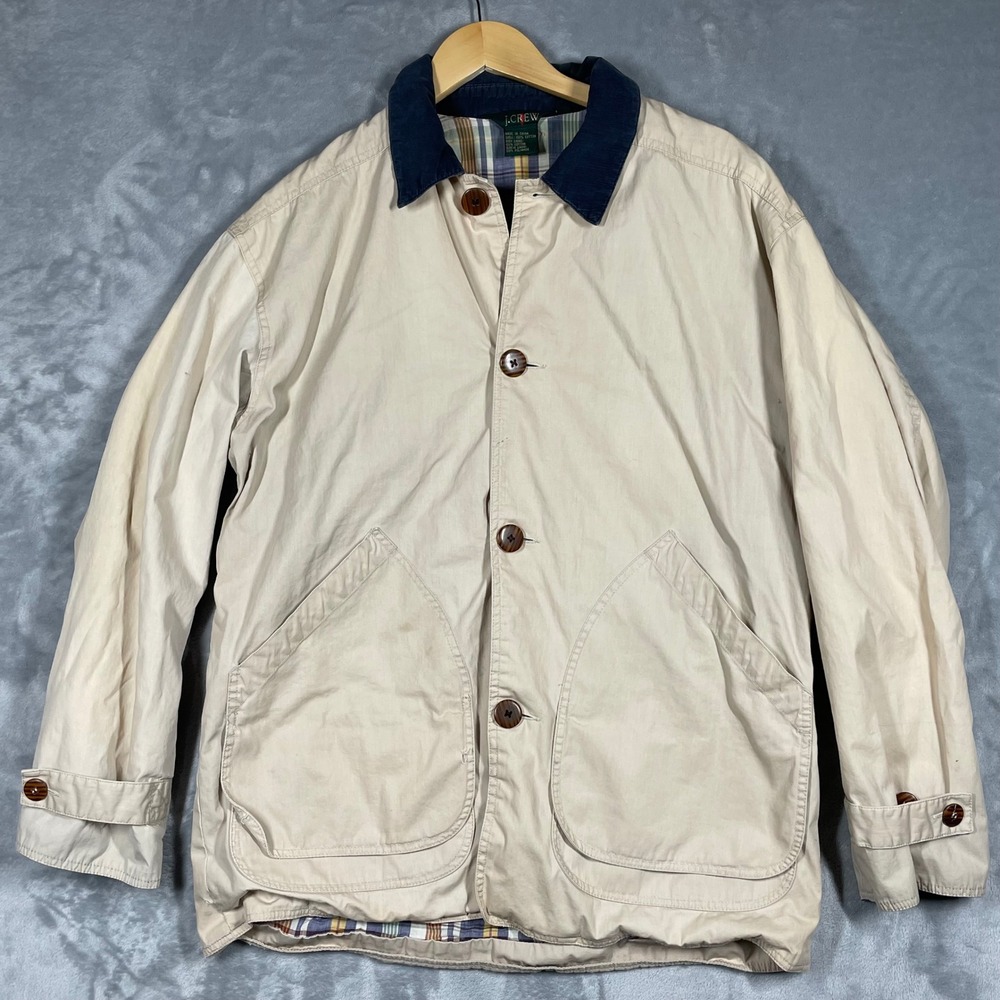 Vintage J.Crew Oarsman Mens Tan Canvas Barn Jacket Corduroy Collar Plaid Lined
